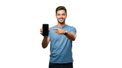 A man in a blue shirt is holding a phone and pointing to it happily against a white background.