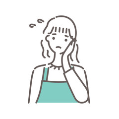 緑のエプロンをつけた女性が困った表情を浮かべているイラスト・シンプルな線画