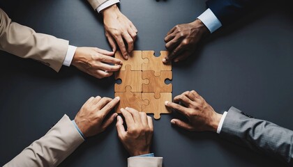 Diverse professionals collaborate to assemble a wooden jigsaw Puzzle on a dark table, strategic teamwork, unified problem-solving, and the seamless integration