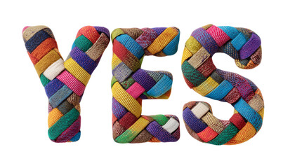 Yes shaped using multicolored fabric strips with woven appearance isolated on transparent background