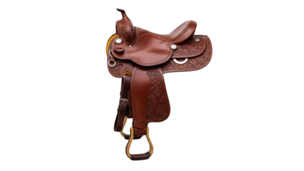 A brown leather saddle is displayed on a white background for equestrian use and activities outdoors.