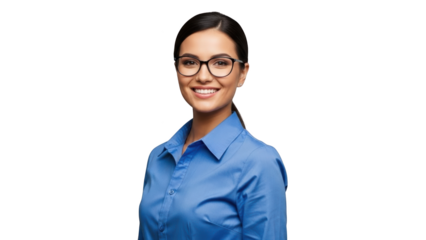 A smiling businesswoman with glasses stands confidently in a professional setting, viewed from a slight angle, showcasing her blue attire.