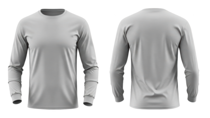 A gray long-sleeved shirt is displayed from front and back views on a white background showcasing its design and texture.