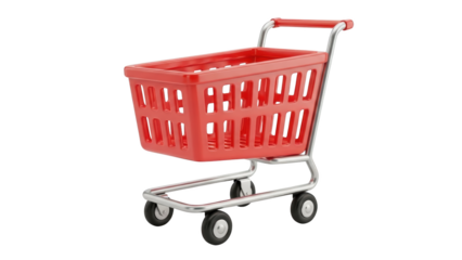Empty red shopping cart with metal frame on four wheels, viewed from side, in a retail or supermarket setting.
