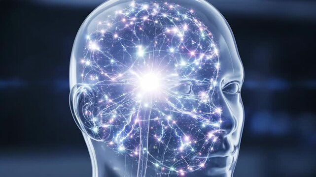 A see-through head shows brain activity with sparking neural connections, showcasing human intellect