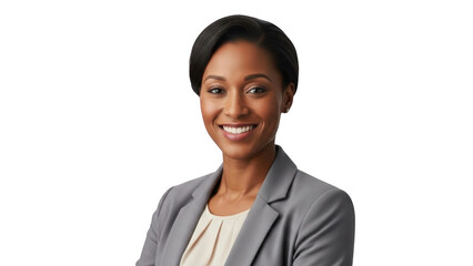 Smiling businesswoman wearing gray blazer looking forward on white background with friendly expression and short black hair