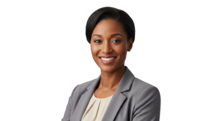 Smiling businesswoman wearing gray blazer looking forward on white background with friendly expression and short black hair