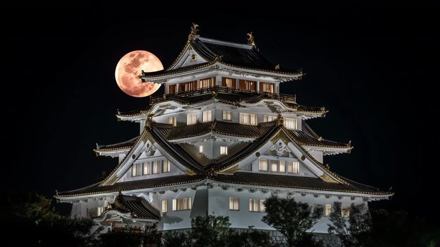 静かな城の天守と、皆既月食の赤い満月が浮かぶ夜景