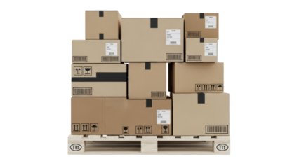Stacked cardboard boxes on a wooden pallet viewed from the front in a warehouse setting.