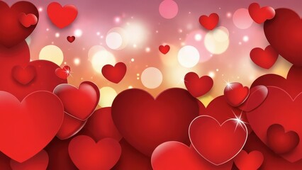 Vibrant red hearts floating in romantic sparkling light background