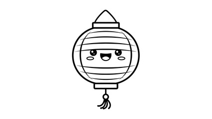 A cute black and white line art drawing of a happy kawaii Chinese lantern with a tassel.