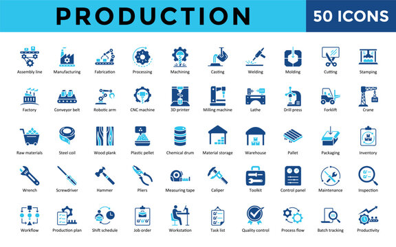 Production icons set with assembly line, manufacturing, fabrication, processing, machining, casting, welding, molding, and job order icon. Simple flat vector 
