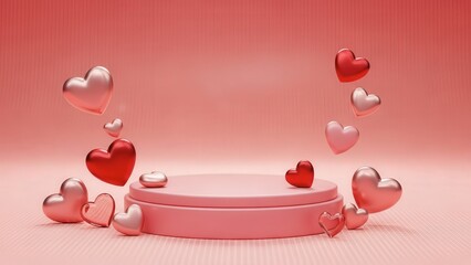Romantic pink hearts floating around empty pedestal for Valentine's Day