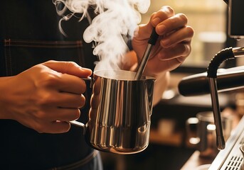 Barista steams milk in shiny stainless steel pitcher for latte art