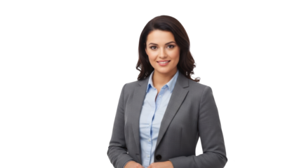 Businesswoman smiling and standing confidently in studio with gray blazer on