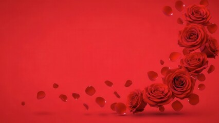 Romantic red roses with floating petals on vibrant background