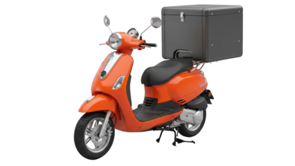 An orange scooter with a large storage box on the back is parked on a clean background.