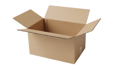 An open cardboard box sits alone on a plain background indoors.