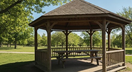 Wooden gazebo in park.  Sunny day