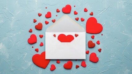 Romantic white envelope with red hearts on light blue background
