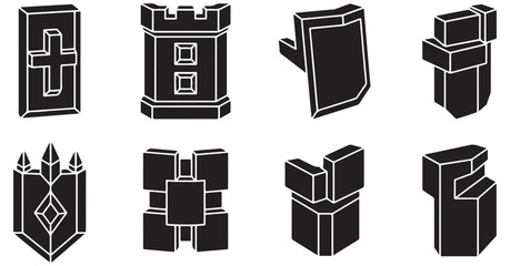 Collection of stylized chess piece icons in silhouette, representing different game elements and strategy. © Riki