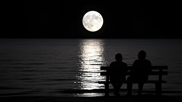 Senior Couple Silhouetted Sitting on Bench Watching Full Moon Rise Over Ocean