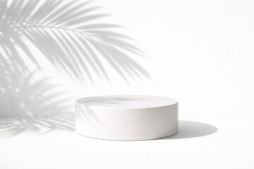 White podium with tropical leaf shadow on white background