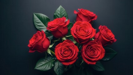 Vibrant bouquet of red roses on dark background