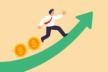 Investment profit and earning, stock market growth or fund flow depend on interest rate and inflation concept, businessman investor, fund manager holding flag lead money coins running up rising graph.
