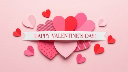 Happy Valentine's Day with colorful paper hearts on pink background