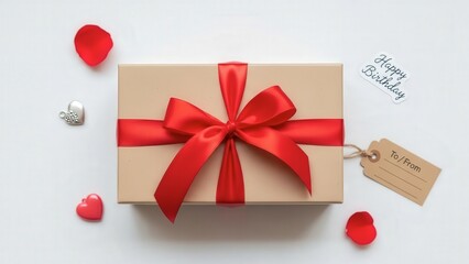 Beautifully wrapped gift box with red ribbon and romantic decorations