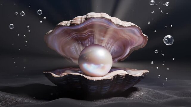 Open Oyster Displaying a Pearl on Black Sand With Bubbles, Shiny Light