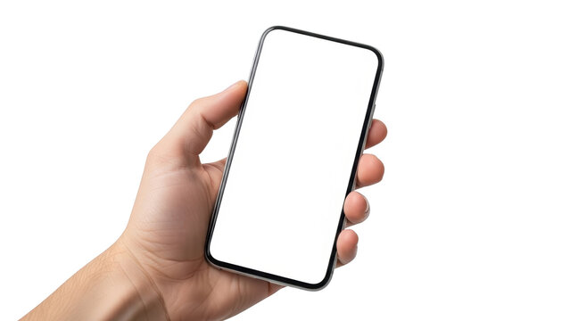 A hand holding a smartphone with a blank screen viewed from the side in a studio setting with a white background.
