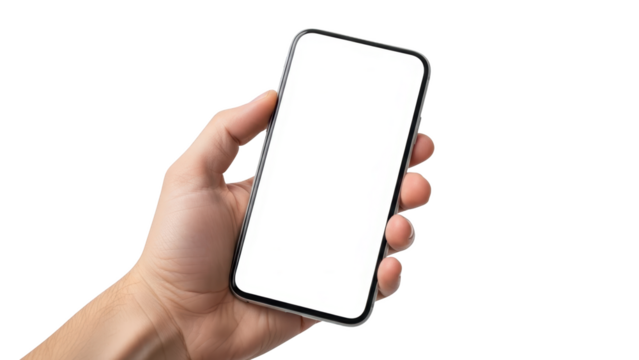 A hand holding a smartphone with a blank screen viewed from the side in a studio setting with a white background. - Powered by Adobe