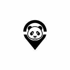 Panda head inside a location pin icon black and white simple minimalist design.