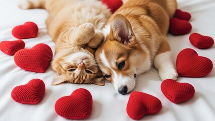 Adorable cat and dog cuddling on white bed surrounded by red hearts