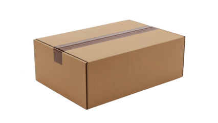 Brown cardboard box with tape on top is closed