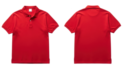 Two red polo shirts displayed on a white background, one front and one back view shown.