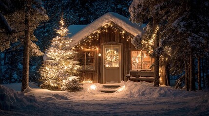 Christmas cabin on a snowy night, snow-covered roof, Christmas tree with fairy lights in front of the door, Christmas wreath on the windowsill, quiet winter scene
