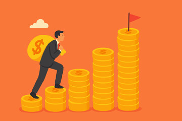 Start invest in stock market, begin savings to achieve financial goal, power of compound interest, collecting wealth, young adult office man carrying money coin start step on compound money stack.