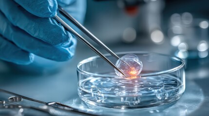 A scientist's gloved hand holds tweezers, delicately manipulating a glowing sphere in a petri dish, indicative of advanced laboratory research.