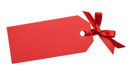 A red gift tag with a ribbon tied around it on a white background for decoration purpose