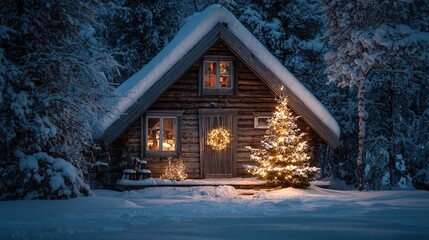 Christmas cabin on a snowy night, snow-covered roof, Christmas tree with fairy lights in front of the door, Christmas wreath on the windowsill, quiet winter scene