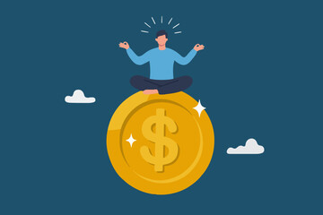 Financial guru or expert, behavioral finance mindfulness for wealth management, money and investment advisor concept, smart businessman meditate and floating on big golden money dollar coin.