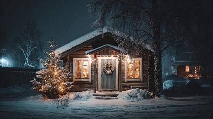 Christmas cabin on a snowy night, snow-covered roof, Christmas tree with fairy lights in front of the door, Christmas wreath on the windowsill, quiet winter scene