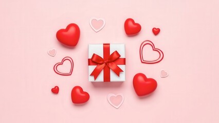 Beautiful Valentine's Day gift box with red hearts on pink background