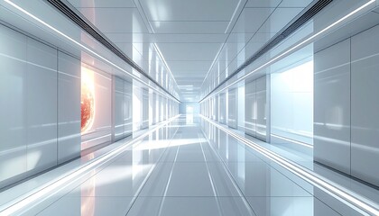 A long white reflective hallway with linear lights recedes into the distance A glowing celestial body is visible to the left