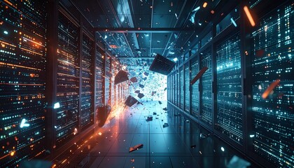 A server room hall explodes from the center sending debris and orange sparks flying amidst glowing blue server racks