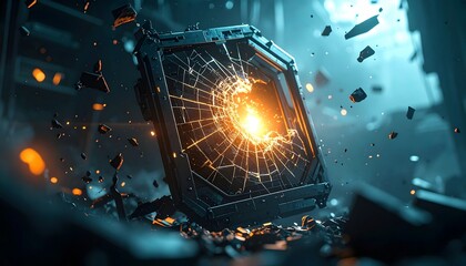 A shattered screen with glowing orange cracks radiates light from a central impact point surrounded by flying debris in a dark industrial setting