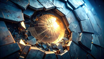 A shattered circular glass pane reveals a bright light surrounded by broken dark metallic geometric tiles and debris